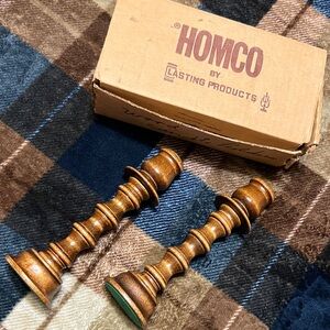 Homco Pair of Golden Brown Turned Wood Candlesticks